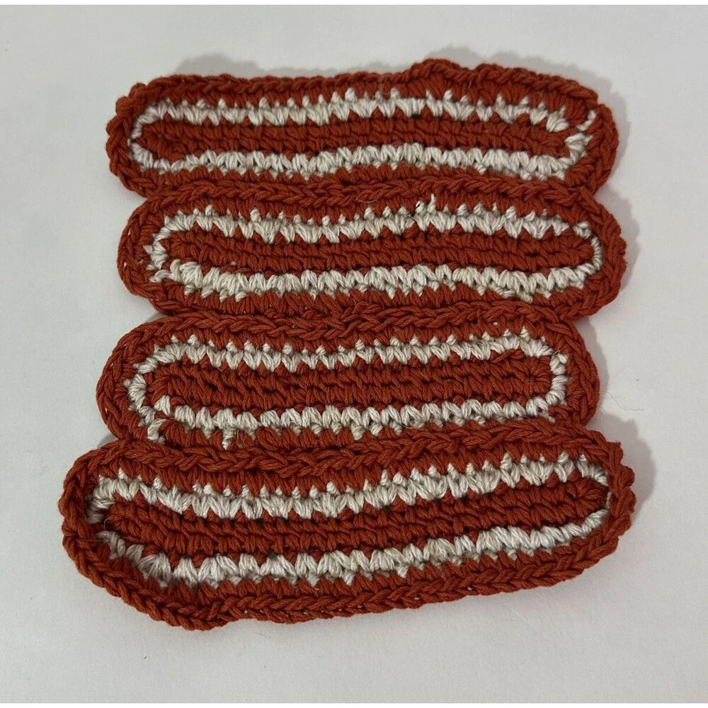 Lot of 7 Crochet Trivets that form a bacon cheeseburger, lettuce, tomato, bun